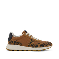 TRVL LITE Retro Runner Sneaker Water Repellant Brown Sugar Leopard Print Suede - Side View